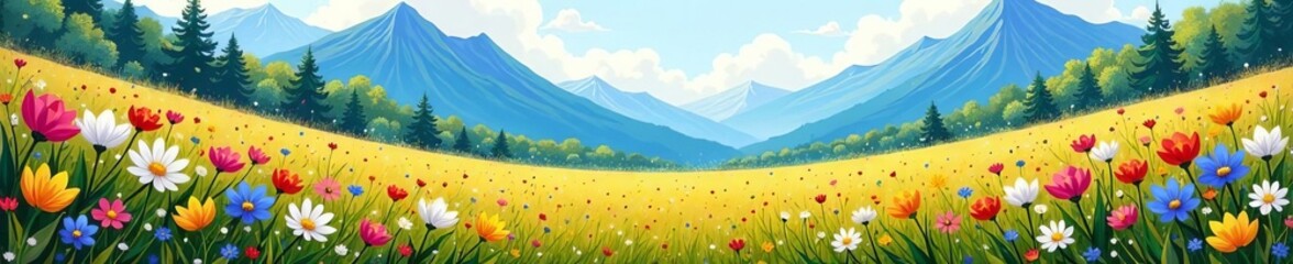 Fototapeta premium Bright and vibrant oil painting of meadow mountain flowers in full bloom during springtime, oil, spring