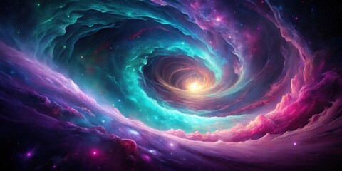 Cosmic Vortex A swirling nebula of vibrant teal, pink, and purple hues, illuminated by a radiant core, creating a breathtaking spectacle of celestial formations.