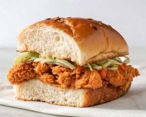 Crispy fried chicken sandwich close-up, golden breading, juicy texture, orange sauce, dill pickles, creamy mayo, soft golden bun. Dark background, professional lighting, detailed food photography.