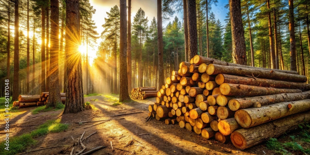 Poster Golden hour sunlight streams through a dense forest, illuminating a large stack of freshly cut logs resting on the forest floor, a tranquil scene of nature's resources.
