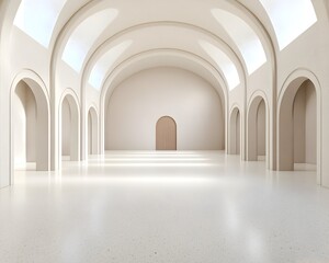 A spacious, minimalist hall with arched doorways and high ceilings, bathed in soft natural light  A single wooden door stands at the far end