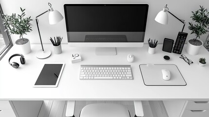 Modern, minimal workspace with digital devices and plants