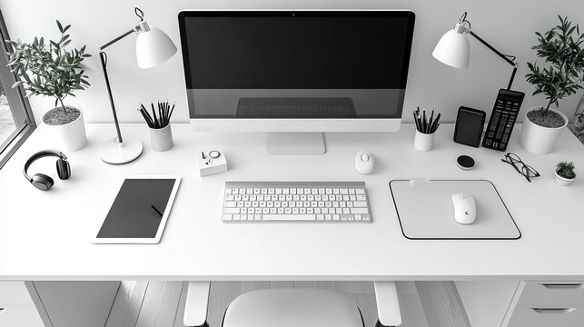 Modern, minimal workspace with digital devices and plants - Powered by Adobe