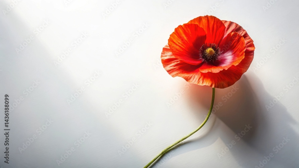 Poster a single vivid red poppy flower with stem on a white background illuminated by sunlight casting a sh