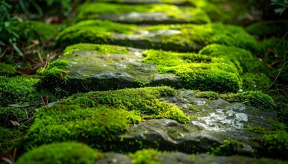 Naklejka premium Moss-covered stone path with rich green hues, earthy textures, and intricate organic patterns under soft light.