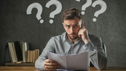 A businessman reading a confusing contract with question marks over his head
