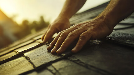 Hands Installing Roof Shingles at Sunset