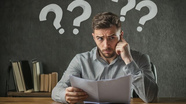 A businessman reading a confusing contract with question marks over his head
