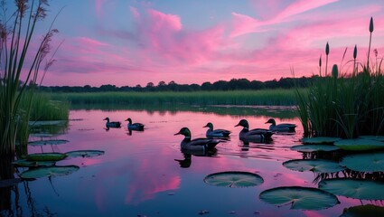 Naklejka premium Ducks Swim on Calm Lake Reflecting a Vibrant Pink Sunset Sky