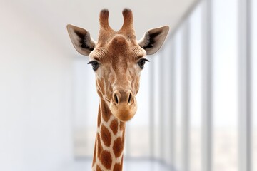 Tall giraffe with brown spots extending neck upwards against white sky background in centered composition captured in high resolution wildlife portrait image with soft daylight tones
