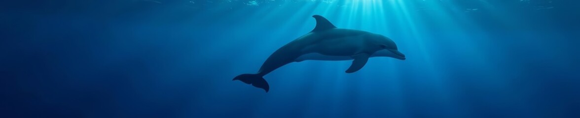 Obraz premium Bottlenose dolphin silhouette in dark blue water, marine life concept, vector, icon, aquatic