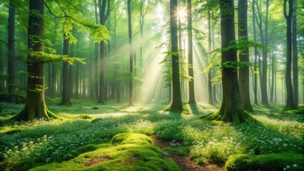 Fototapeta premium Sunbeams Illuminate a Verdant Forest Floor Carpeted with Delicate White Blossoms and Lush Green Moss