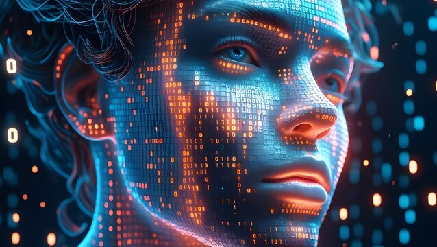 Futuristic AI Human Face with Binary Code, Cyberpunk Digital Portrait, Hyper-Realistic Data Visualization Art