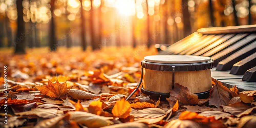 Poster autumnal harmony a small drum rests gently amidst a carpet of fallen leaves, near a partially visibl