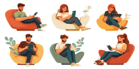vector set people sitting on sofa and playing mobile phone