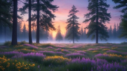 Fototapeta premium Tranquil Forest Meadow at Dusk with Flowers and Fog