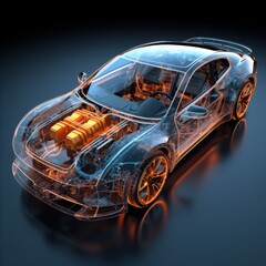 Futuristic sports car with transparent exterior revealing intricate engine and design details.