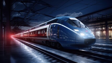 Fototapeta premium Sleek blue bullet train speeding through a modern railway station at night.
