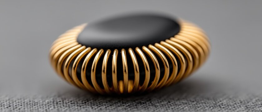 Abstract futuristic security interface with metallic rotating gear shape isolated on clean gray background with concentric curves digital energy ring pattern 3d detail visual