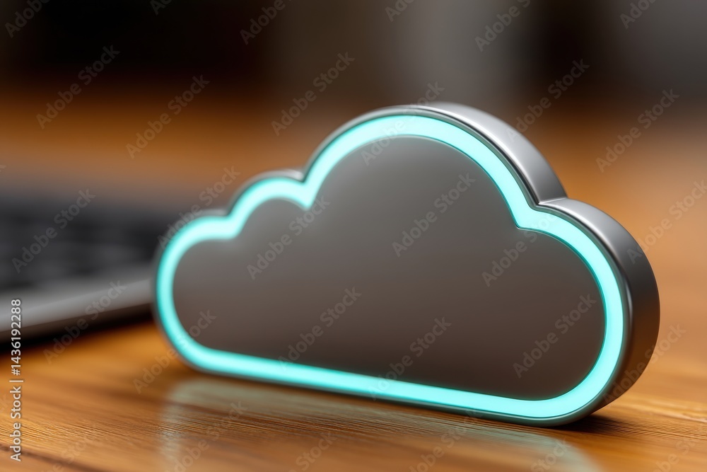 Aufkleber blue neon glowing cloud symbol placed on dark wooden desk symbolizing digital security in serverless
