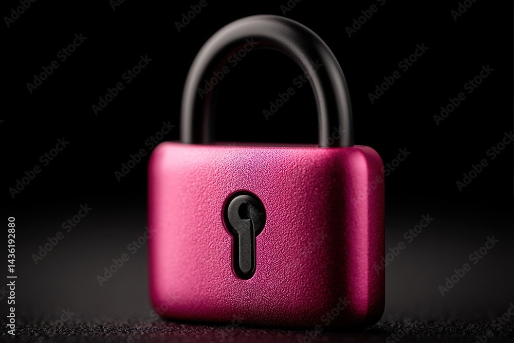 Poster pink stylish glossy padlock on black background reflecting conceptual data privacy design with vibra