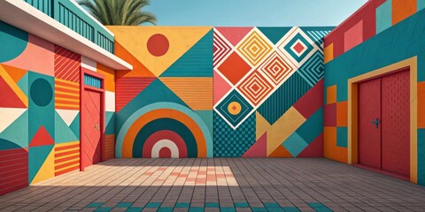 Geometric Courtyard Mural Colorful Abstract Composition, Digital Art, Architectural Design Keywords mural, geometric