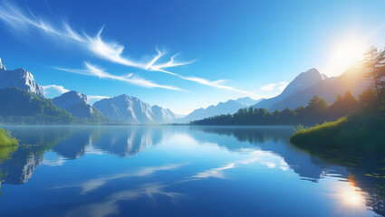 A calm mountain lake mirrors the morning sky and surrounding alpine landscape wallpaper