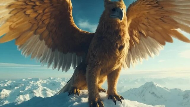 Majestic Griffin on Snow-Capped Peaks, Smooth looping for background video animation