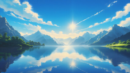 Morning sun reflects on the blue mountain lake amidst a scenic alpine landscape wallpaper