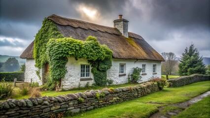 An old stone cottage with a thatched roof stands in a rural English village, its traditional architecture a part of the historic countryside