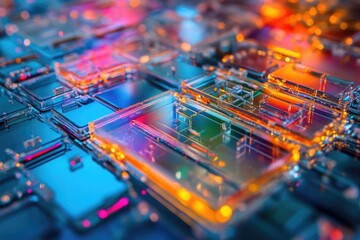 Abstract and detailed digital rendering of interconnected circuitry with vibrant colors, suggesting high technology and complex systems.
