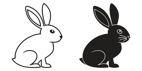 Cute Vector Silhouette of White and Black Rabbit Sitting Side View Illustration