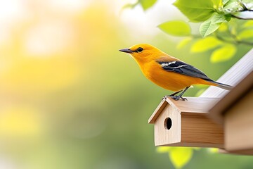Vibrant yellow bird perched on a small wooden birdhouse, nestled amongst green leaves and a soft, sunlit background