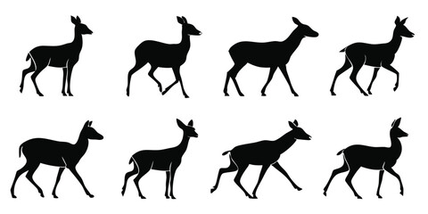 Deer Vector Silhouette Set with Multiple Walking and Standing Poses, Wildlife Animal Silhouettes for Nature and Forest Design