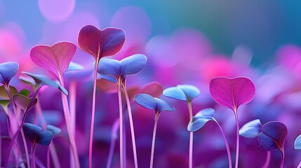 Purple and pink heart-shaped seedlings emerge, bathed in dreamy, colorful light with a soft, bokeh background.