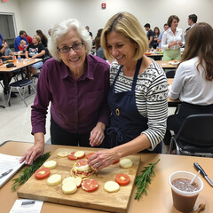 Two women preparing food together in a cooking class, smiling and enjoying the activity