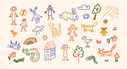 Set of Cute Funny Animals including Cat Dog Mouse Rabbit Squirrel Chameleon Caterpillar drawn by Child. Colorful Stars Doodles. Flat Hand Drawn Vector Illustration Isolated on White Background © roze ultra
