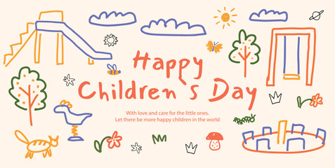 Happy Childrens Day lettering with Slide, Swing, Playground Roundabout, Spring Rider, Cat, Butterfly, Sun and Clouds. Colorful childlike doodles. Vector illustration.