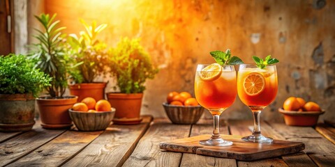 Obraz premium Refreshing citrus cocktails garnished with mint leaves, served in elegant stemmed glasses, on a rustic wooden table surrounded by potted plants and bowls of citrus fruit, bathed in warm sunlight.
