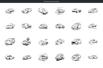 Collection of twenty four car icon doodle designs in sketch style