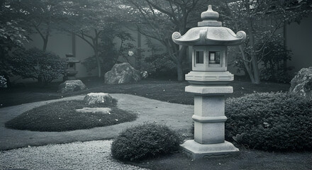 Monochrome Serenity A Stone Lantern In A Japanese Garden Setting