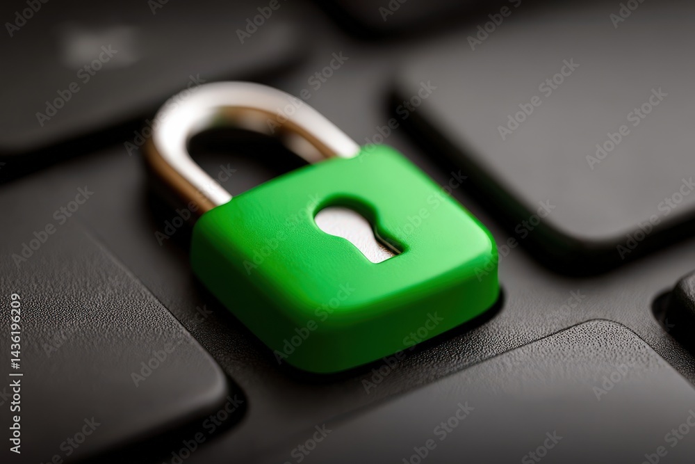 Poster bright green padlock on black keyboard key symbolizing online data protection user interface concept