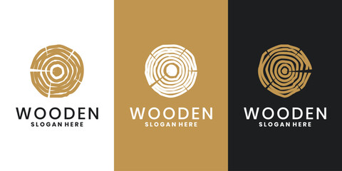 Rustic wood logo design set. Tree rings and wood grain textures