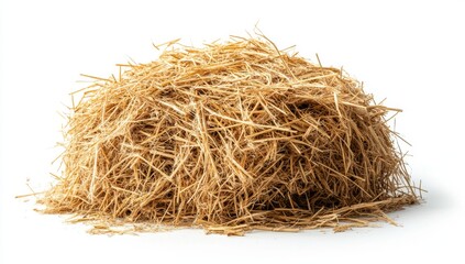 A pile of dried straw sits on a white background, the loose hay forming a small mound.