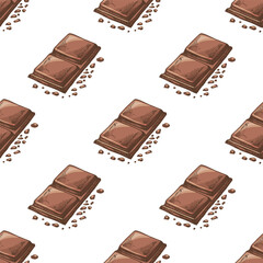 Seamless vector pattern featuring hand drawn vintage chocolate pieces with cocoa crumbs. Ideal for confectionery packaging, coffee shop branding, textile prints, kitchen decor