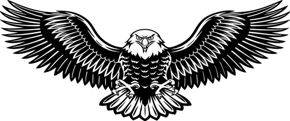 Obraz premium Realistic, iconic American Bald Eagle spreading its wings, hovering over a bright U.S. flag backdrop, ideal for voting campaigns, vertical composition