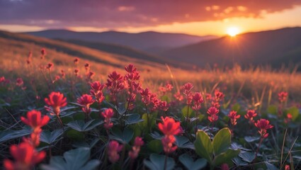 Fototapeta premium Red Flowers in Mountain Meadow at Sunset with Glowing Golden Light