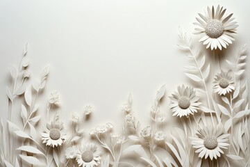 Delicate paper flowers and leaves border a pristine white background.