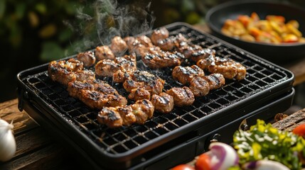 Delicious Grilled Kebabs Sizzling on a Portable Grill Outdoors Summertime BBQ Food