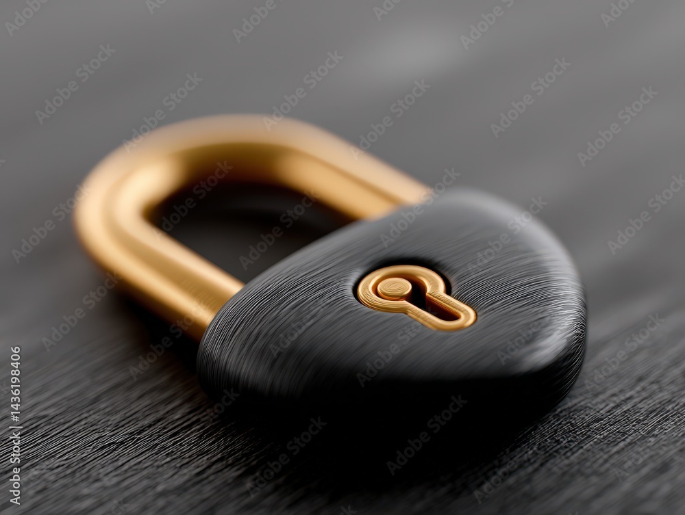 Poster black and gold padlock placed on flat wooden surface in soft light setting symbolizing encryption pr